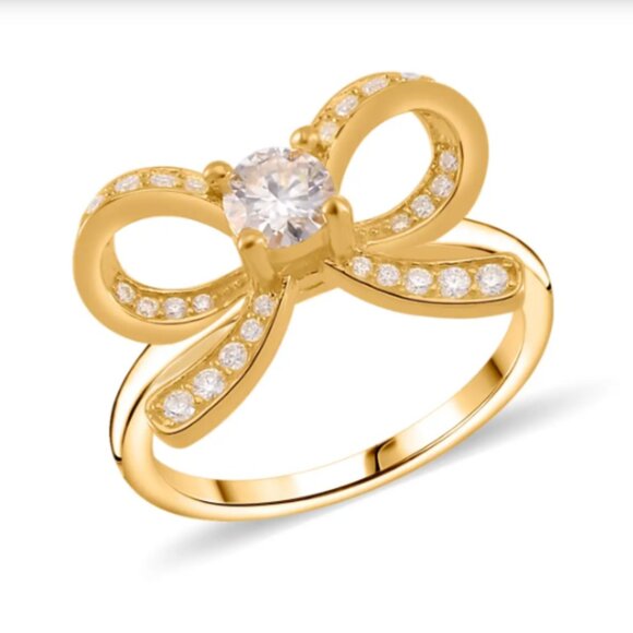 White Moissanite Bow Ring in Vermeil Yellow Gold Over Sterling Silver  0.75 ctw - Picture 1 of 4